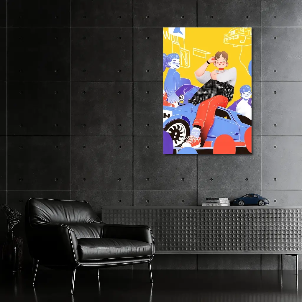 Cartoon Kids Sitting On Blue Car Yellow – Wall Art