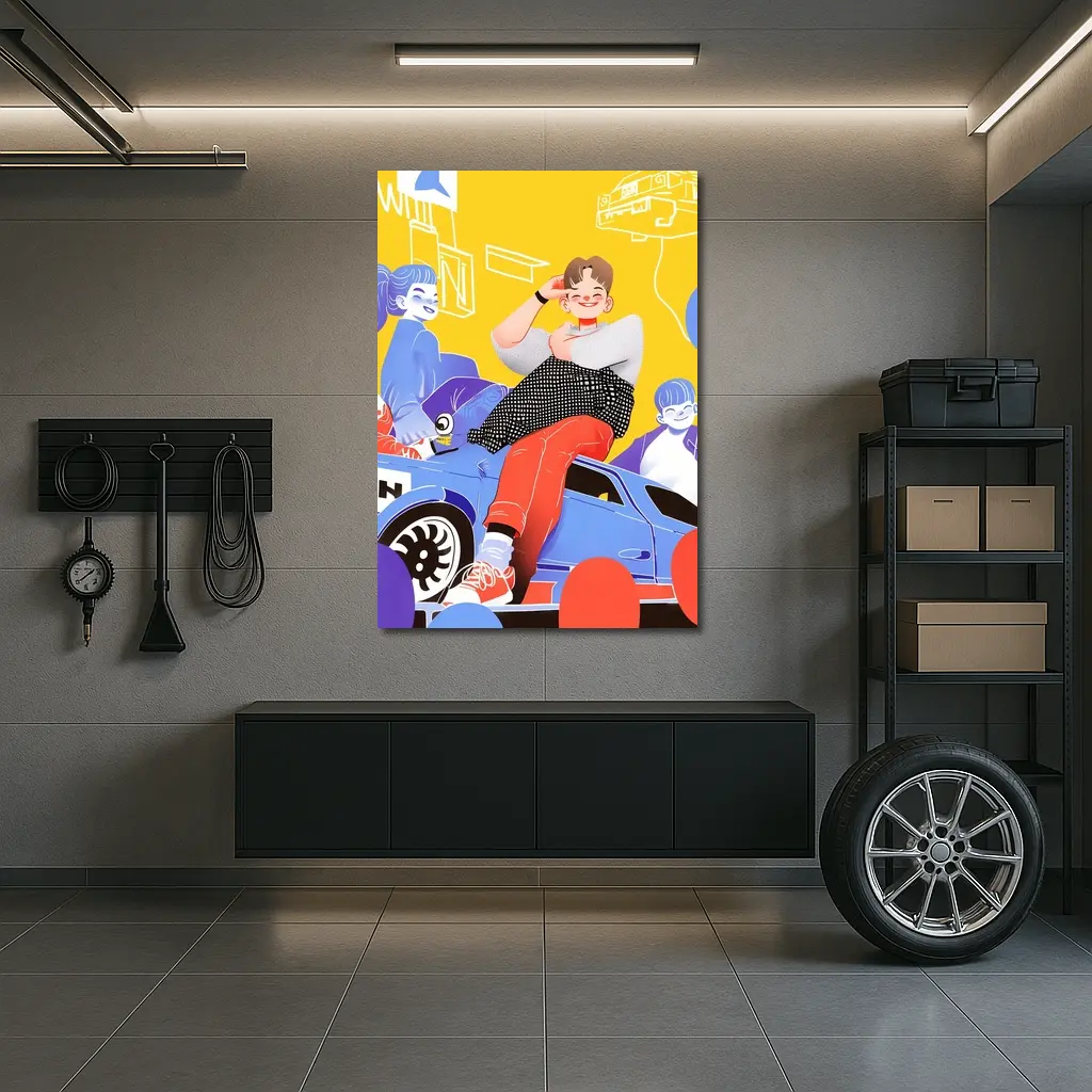 Cartoon Kids Sitting On Blue Car Yellow – Wall Art
