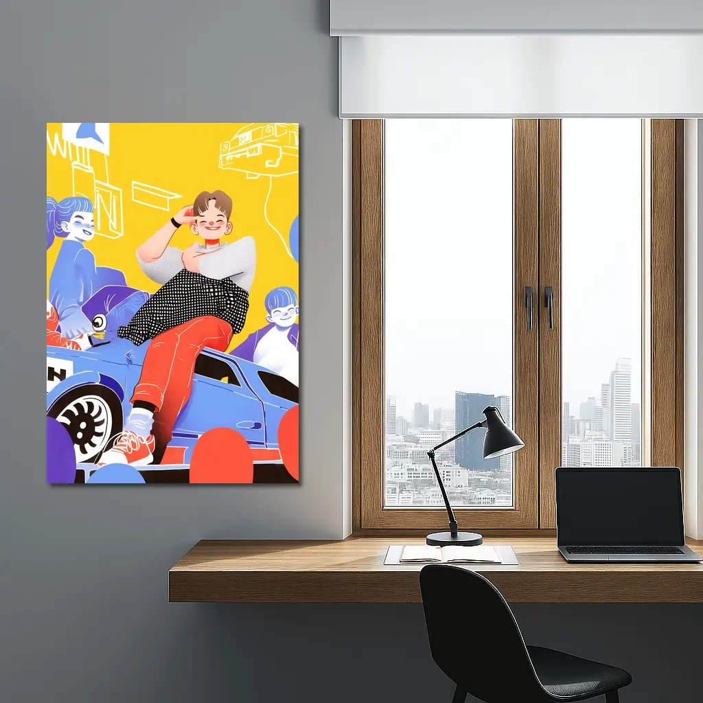 Cartoon Kids Sitting On Blue Car Yellow – Wall Art