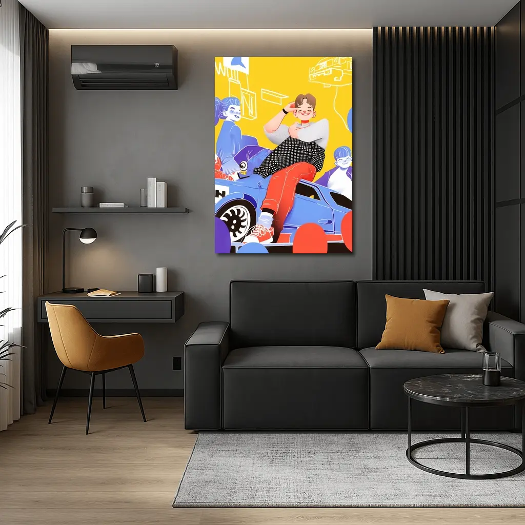 Cartoon Kids Sitting On Blue Car Yellow – Wall Art