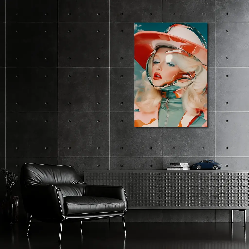 Retro Blonde Woman Chrome Helmet Sky – Wall Art