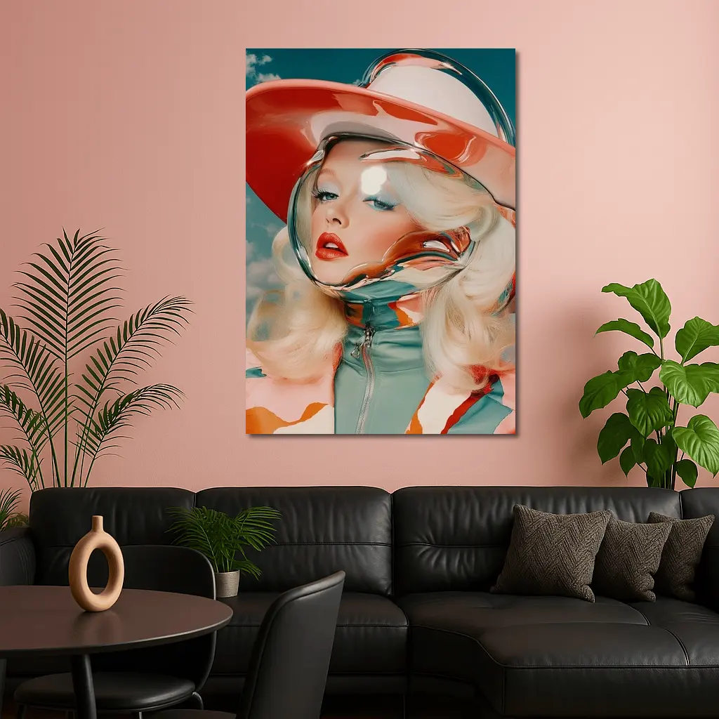 Retro Blonde Woman Chrome Helmet Sky – Wall Art