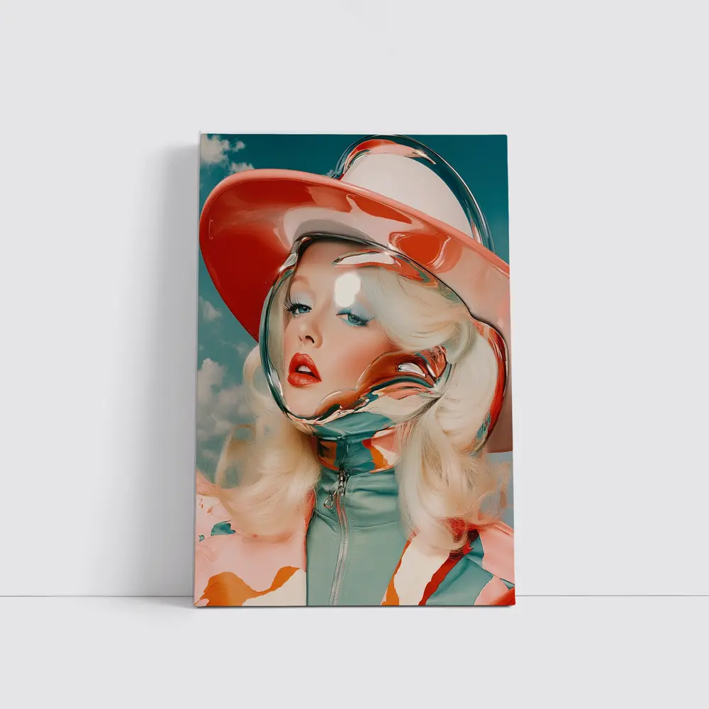 Retro Blonde Woman Chrome Helmet Sky – Wall Art