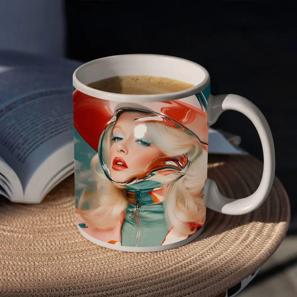 Retro Blonde Woman Chrome Helmet Sky – Mugs