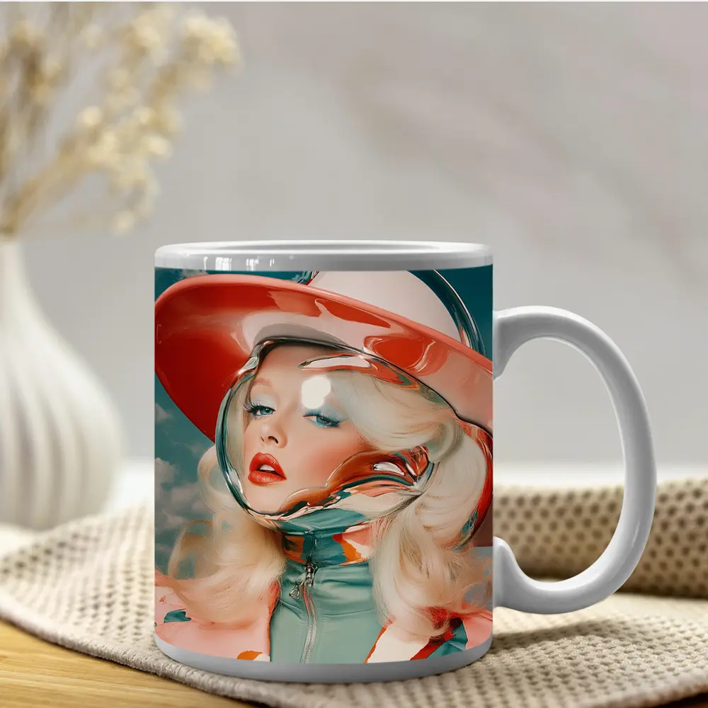 Retro Blonde Woman Chrome Helmet Sky – Mugs