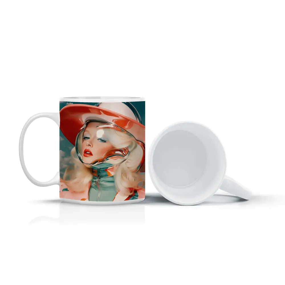 Retro Blonde Woman Chrome Helmet Sky – Mugs