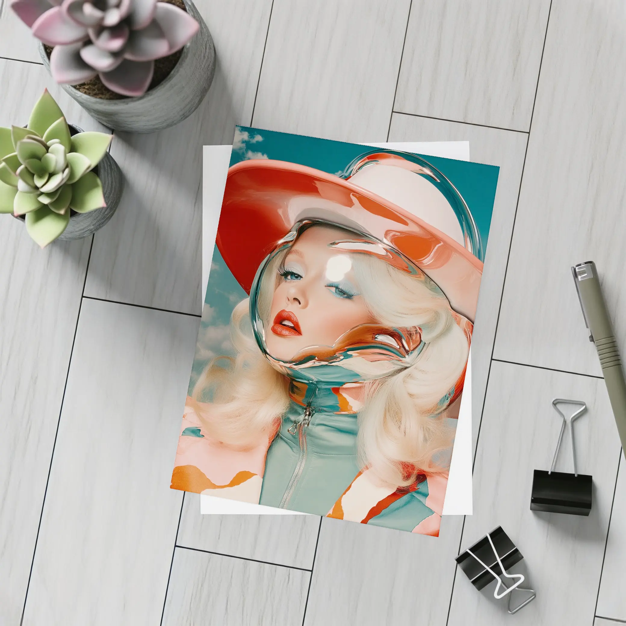 Retro Blonde Woman Chrome Helmet Sky – Postcards