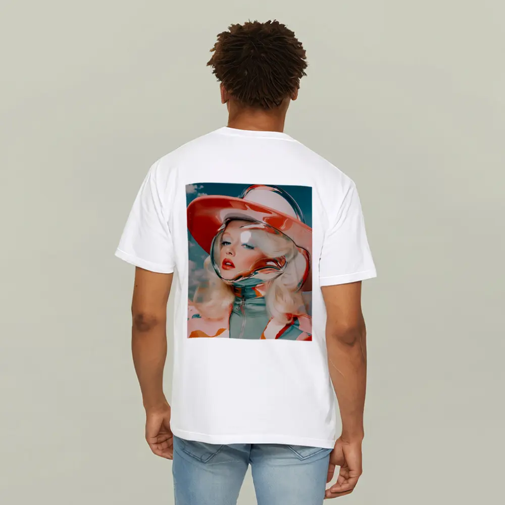 Retro Blonde Woman Chrome Helmet Sky – T-Shirts