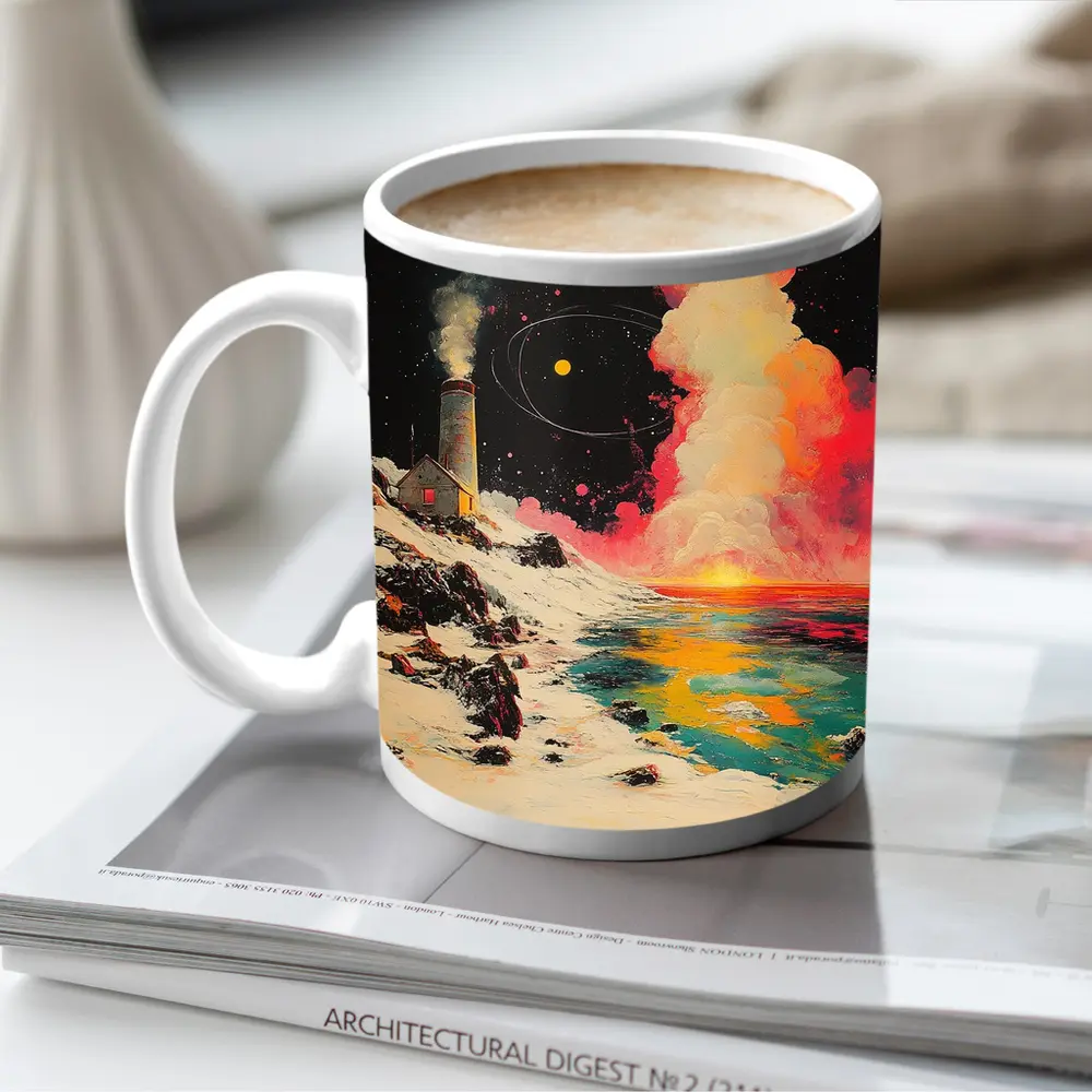 Lighthouse Snowy Coast Colorful Cosmic Night – Mugs