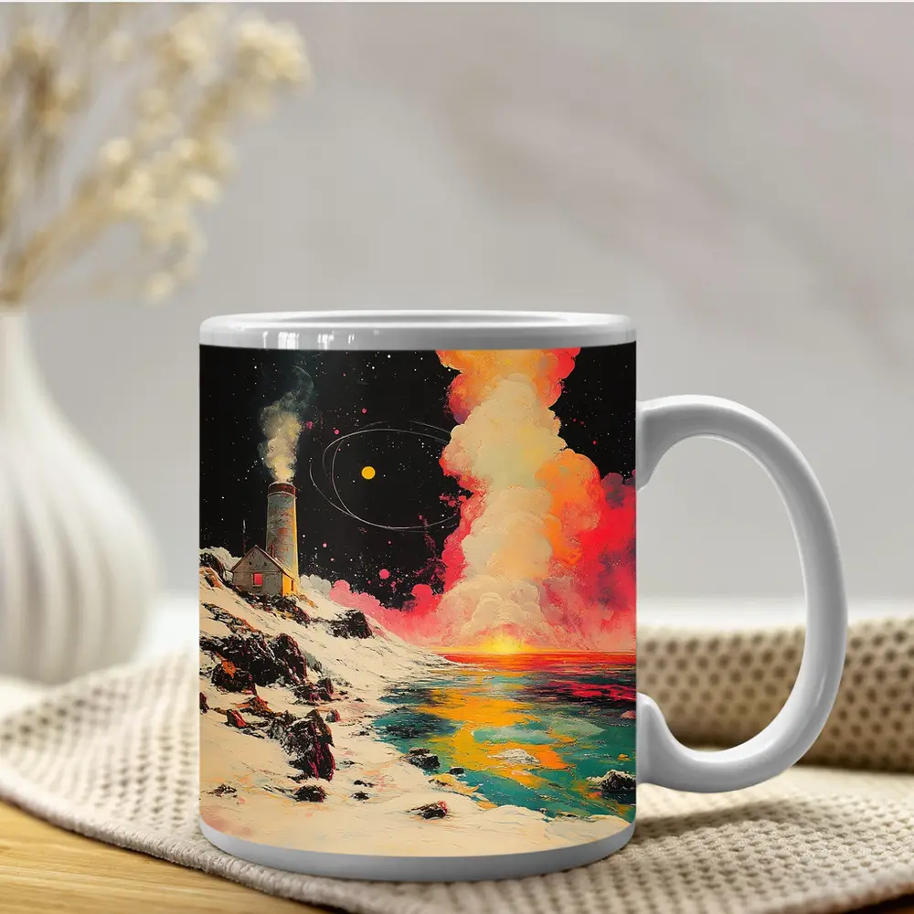 Lighthouse Snowy Coast Colorful Cosmic Night – Mugs