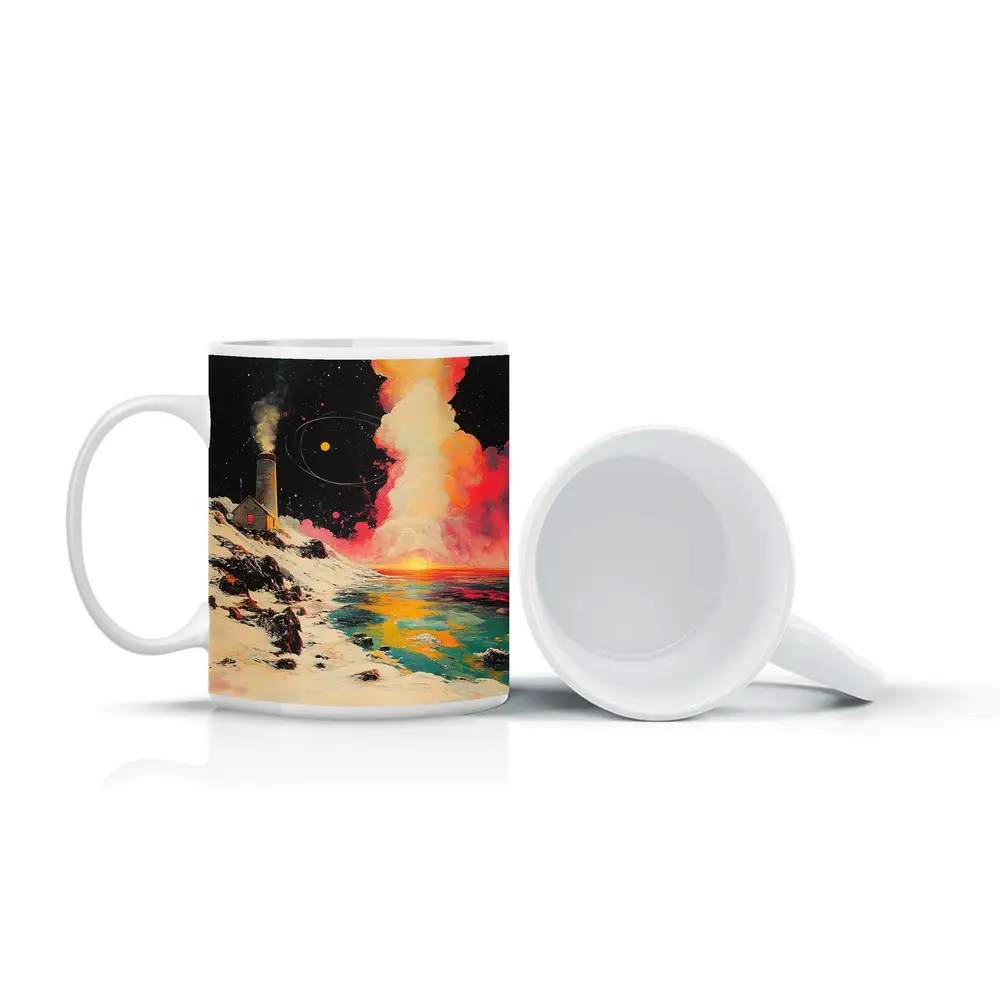Lighthouse Snowy Coast Colorful Cosmic Night – Mugs
