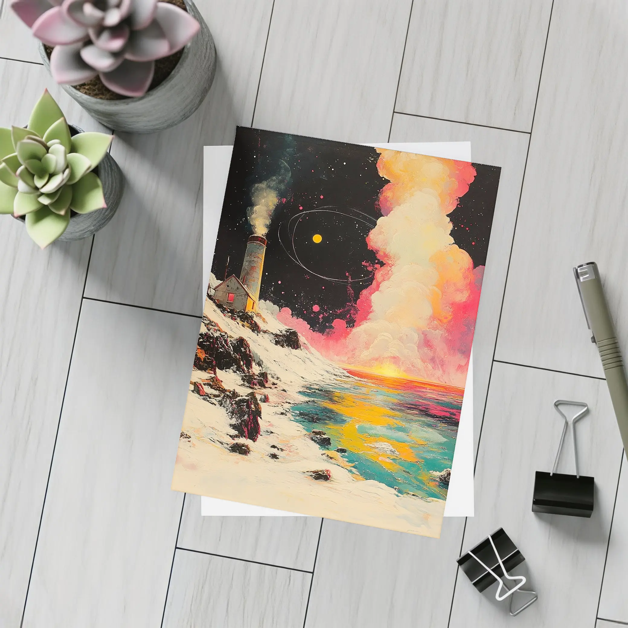 Lighthouse Snowy Coast Colorful Cosmic Night – Postcards