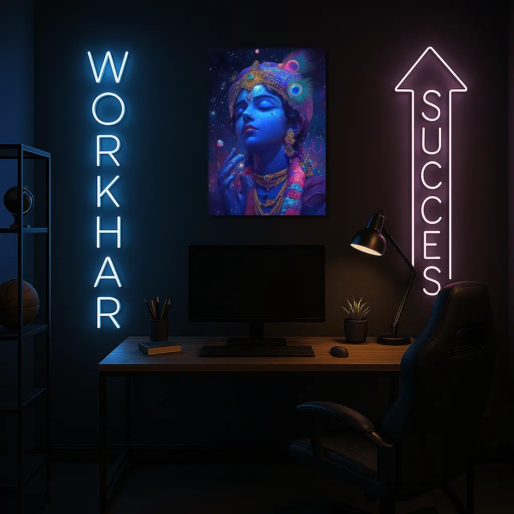 Lord Krishna Blue Cosmic Starry Night Art – Wall Art