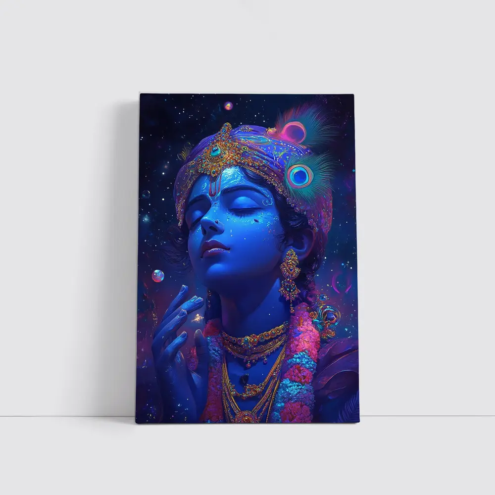 Lord Krishna Blue Cosmic Starry Night Art – Wall Art