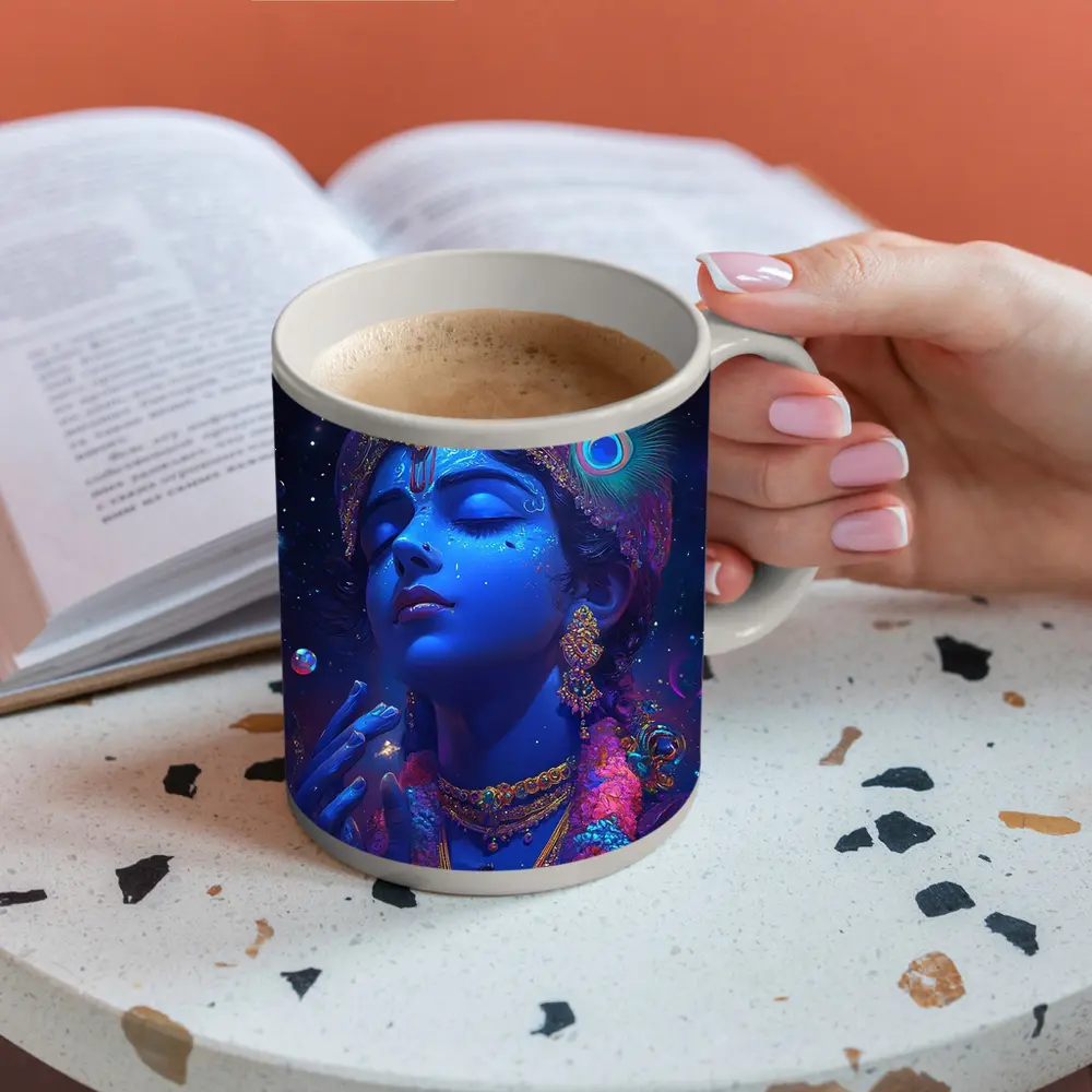 Lord Krishna Blue Cosmic Starry Night Art – Mugs