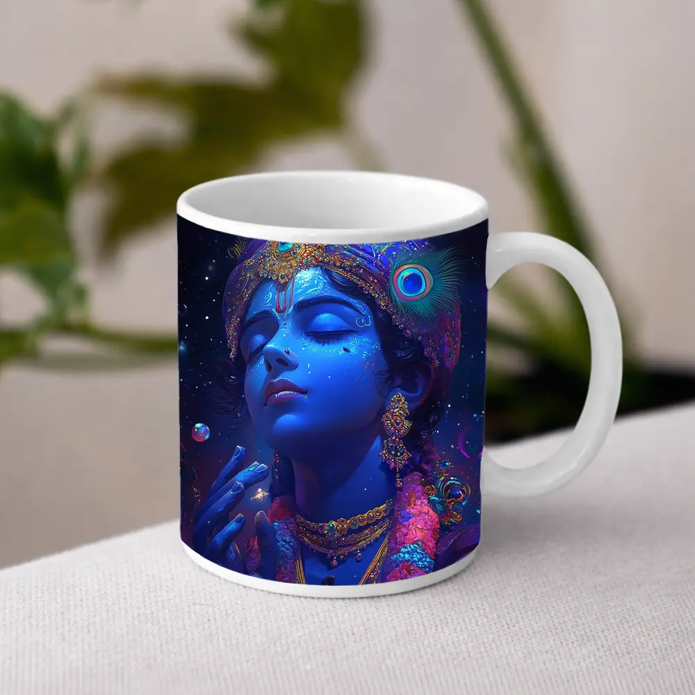 Lord Krishna Blue Cosmic Starry Night Art – Mugs