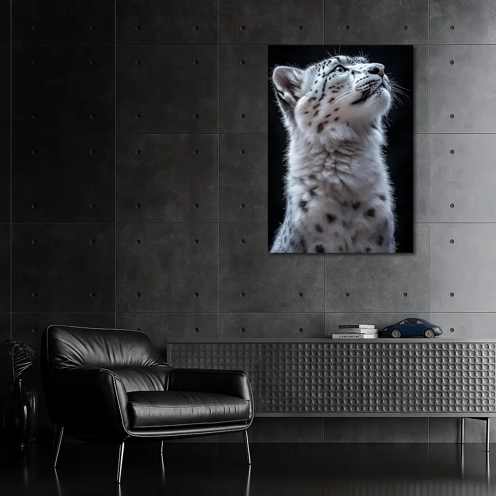 Snow Leopard Cub Looking Up Dark Background – Wall Art