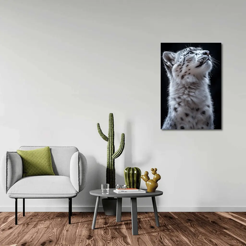 Snow Leopard Cub Looking Up Dark Background – Wall Art