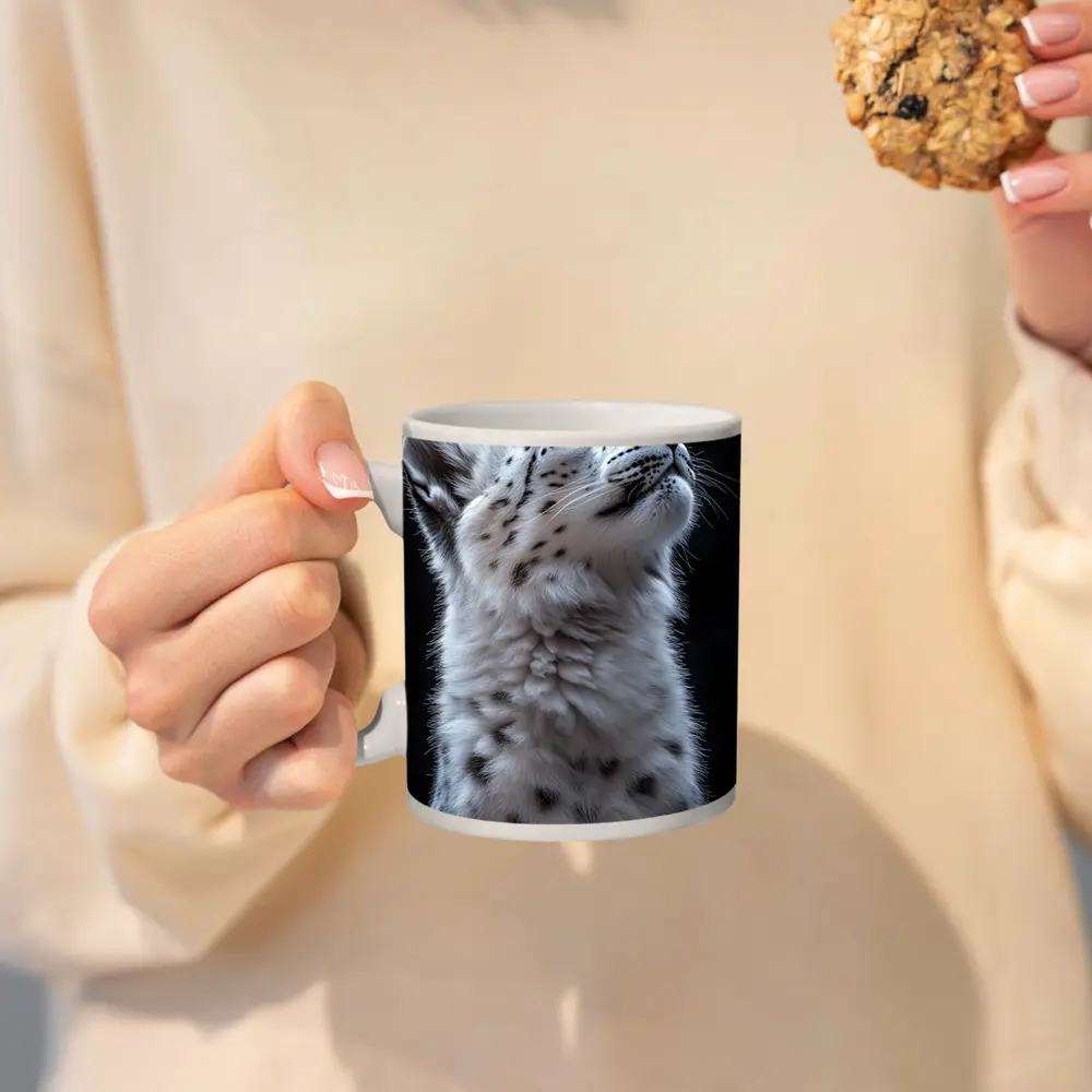 Snow Leopard Cub Looking Up Dark Background – Mugs