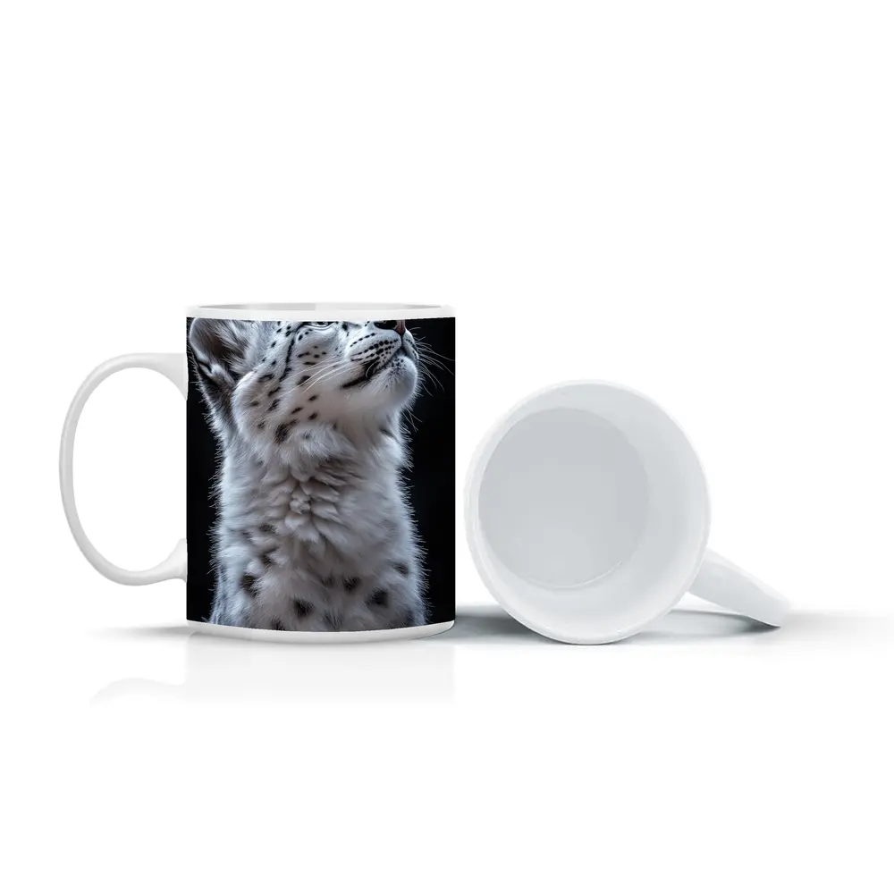 Snow Leopard Cub Looking Up Dark Background – Mugs