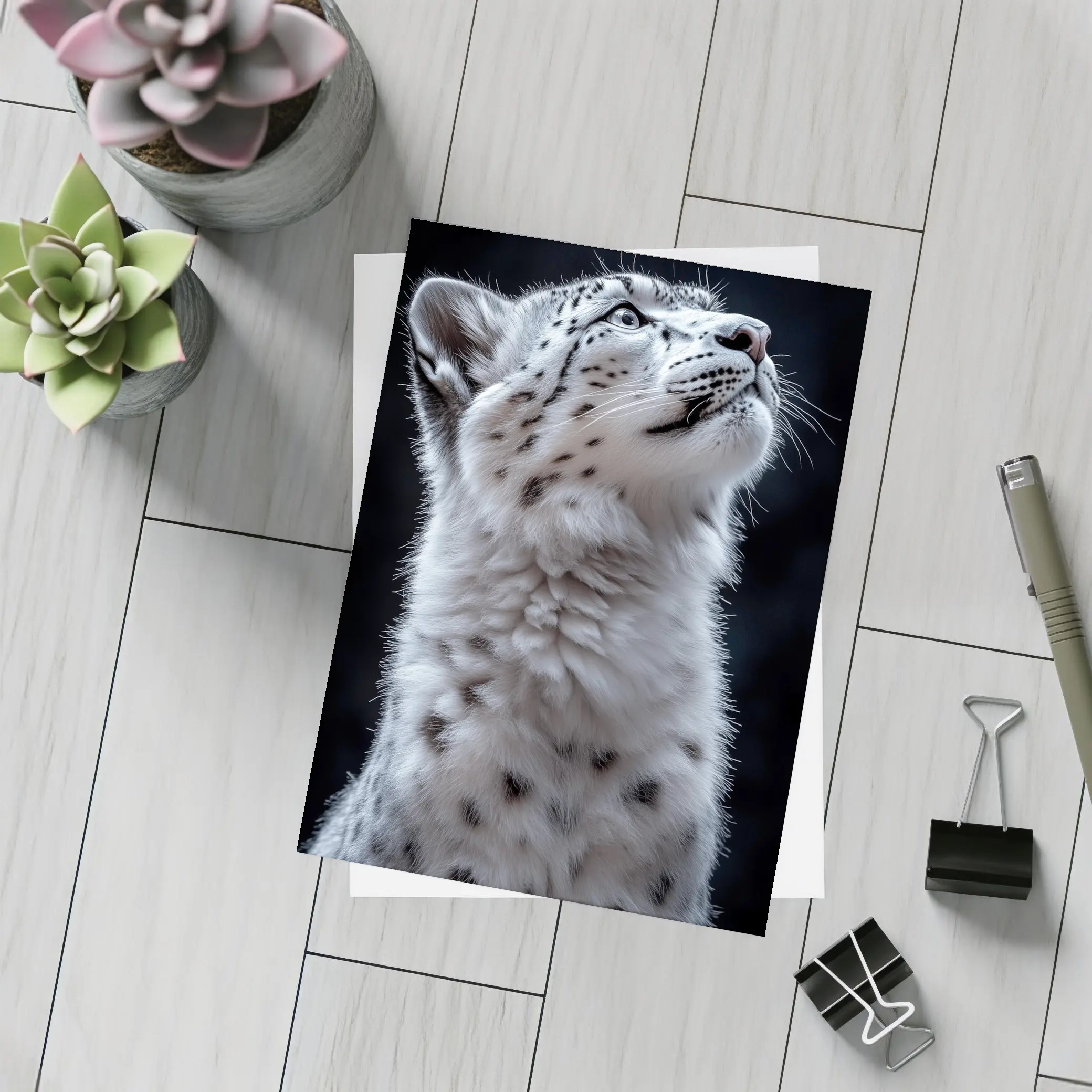 Snow Leopard Cub Looking Up Dark Background – Postcards