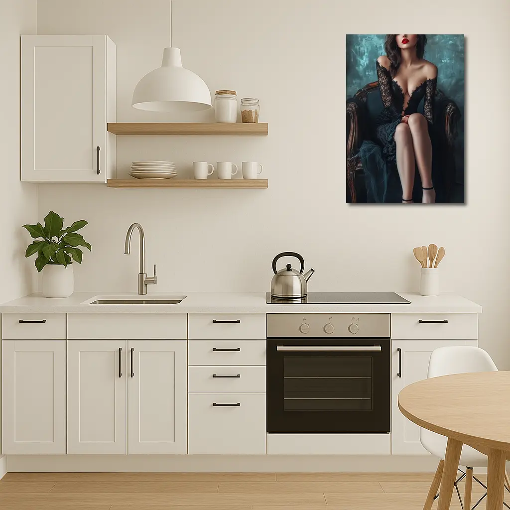 Elegant Woman Black Lace Dress Vintage Chair – Wall Art
