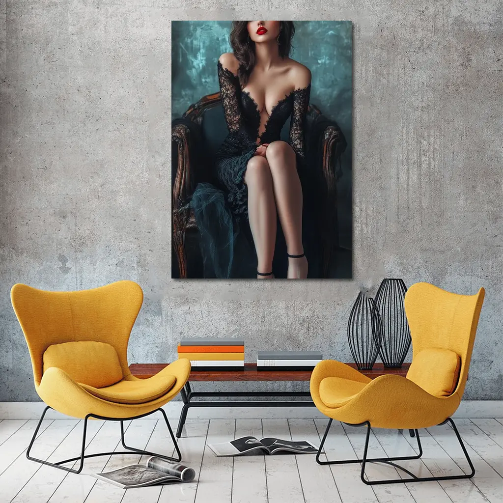 Elegant Woman Black Lace Dress Vintage Chair – Wall Art