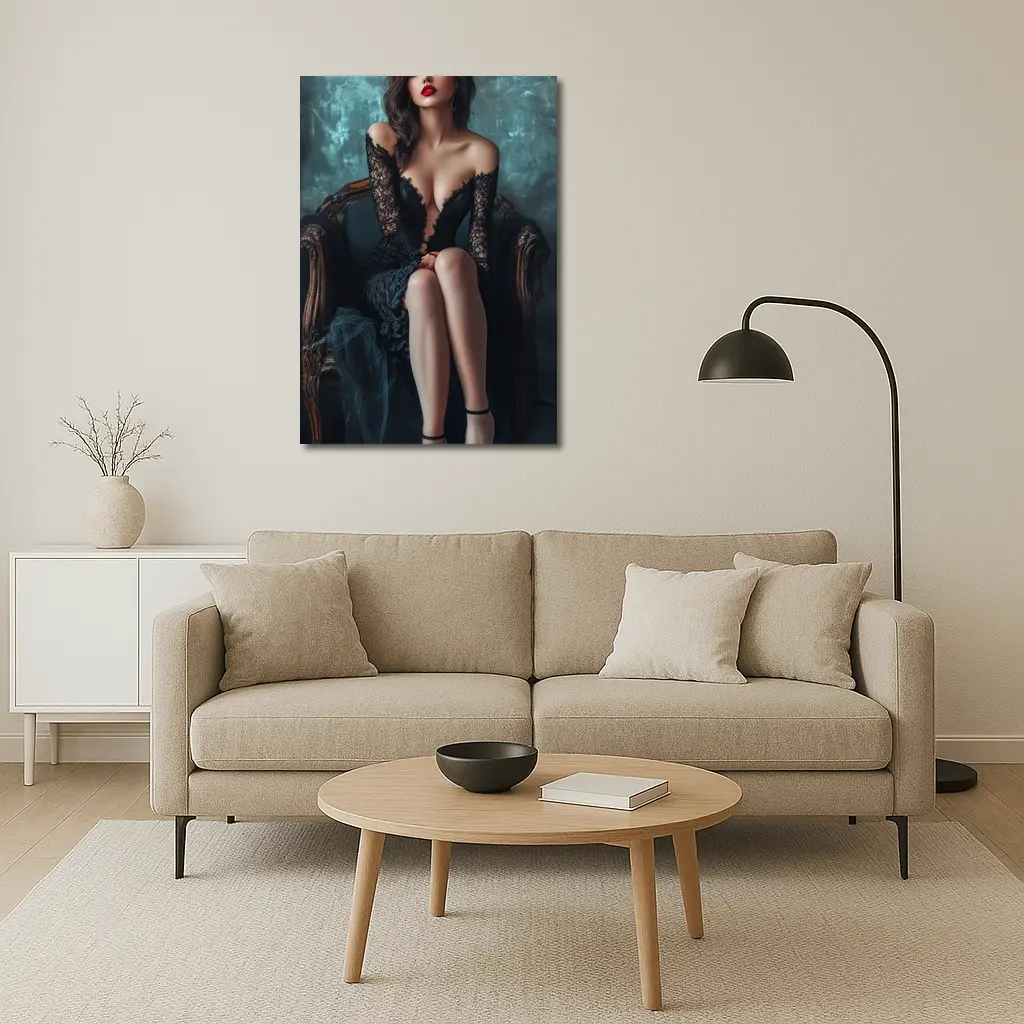 Elegant Woman Black Lace Dress Vintage Chair – Wall Art
