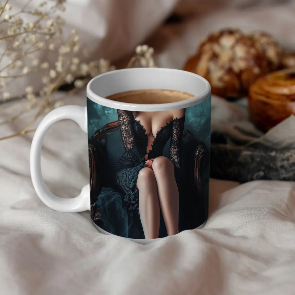 Elegant Woman Black Lace Dress Vintage Chair – Mugs