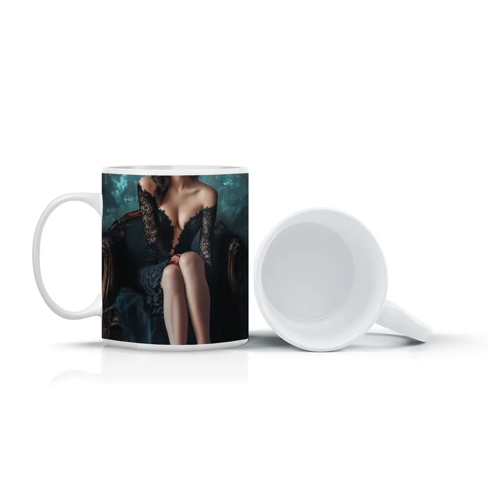 Elegant Woman Black Lace Dress Vintage Chair – Mugs
