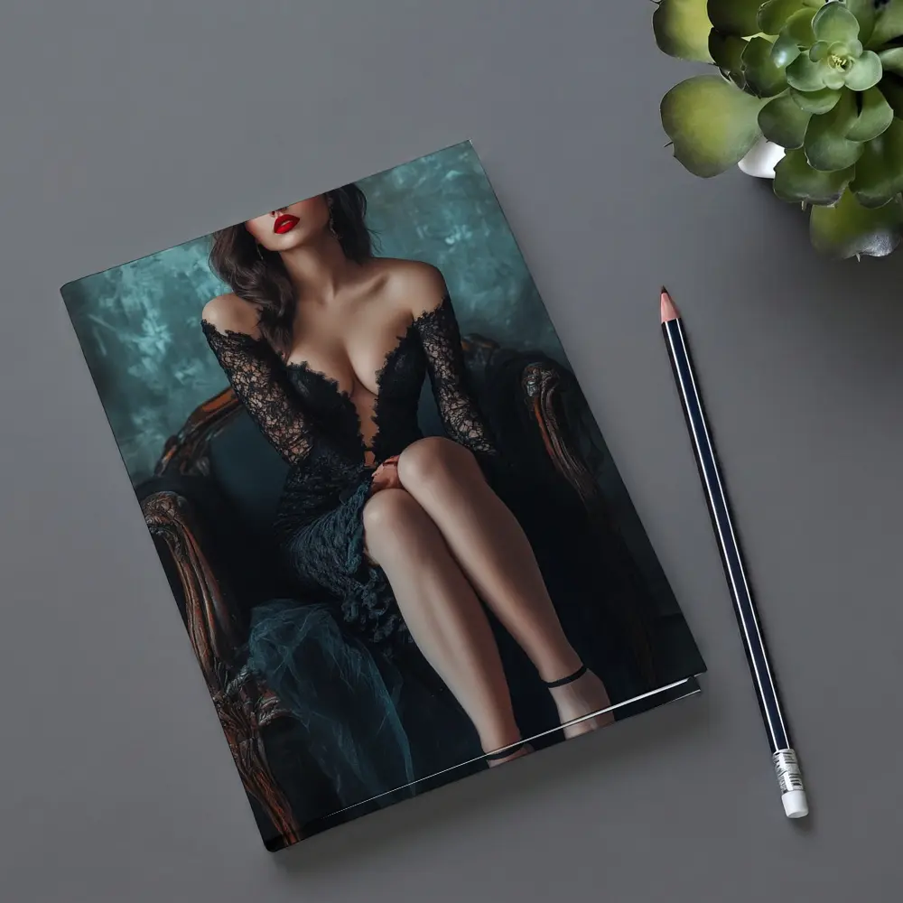 Elegant Woman Black Lace Dress Vintage Chair – Notebooks