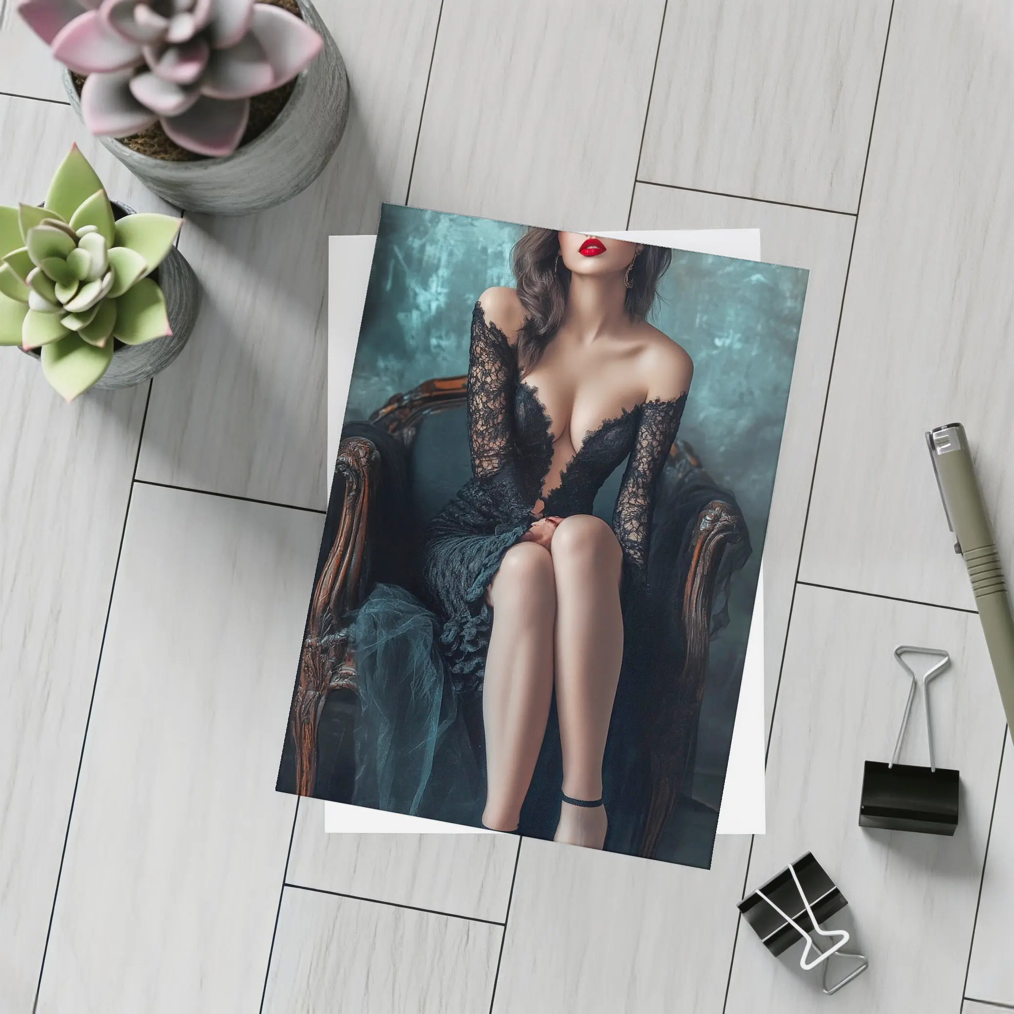 Elegant Woman Black Lace Dress Vintage Chair – Postcards