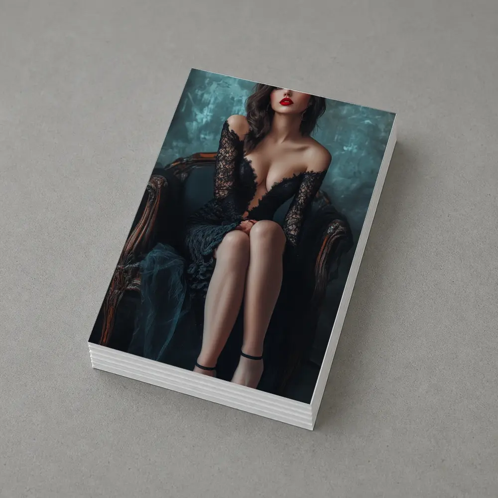 Elegant Woman Black Lace Dress Vintage Chair – Postcards