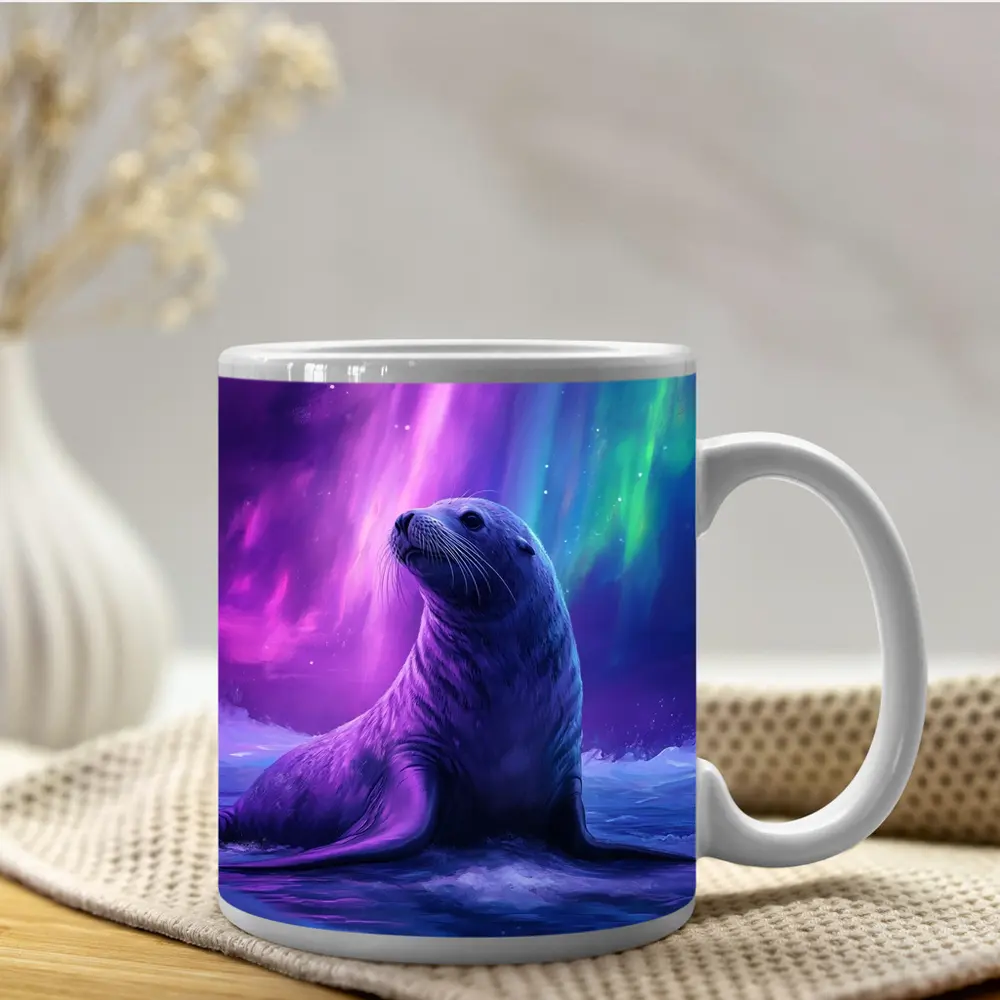 Seal Pup Under Aurora Borealis Northern Lights – Mugs