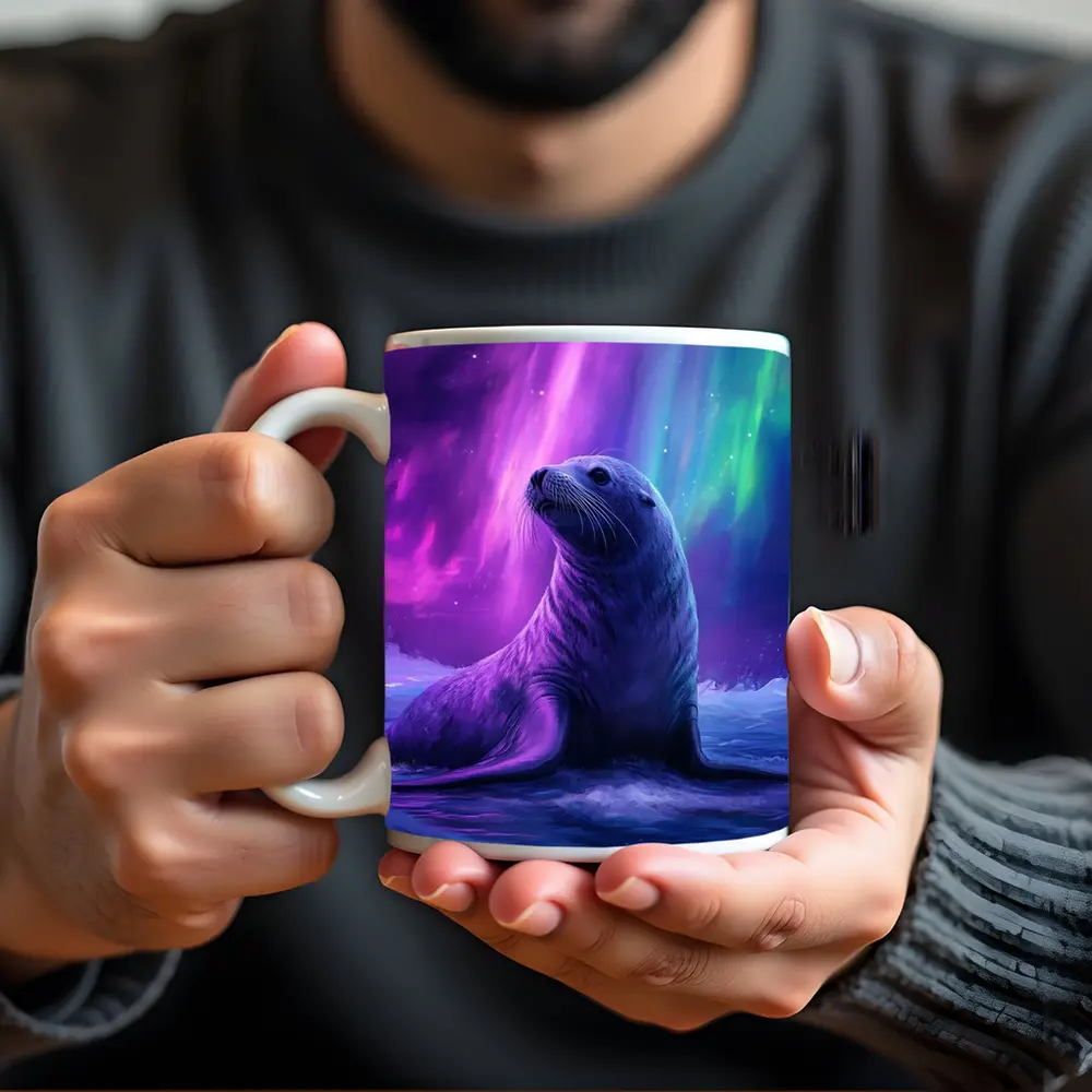 Seal Pup Under Aurora Borealis Northern Lights – Mugs