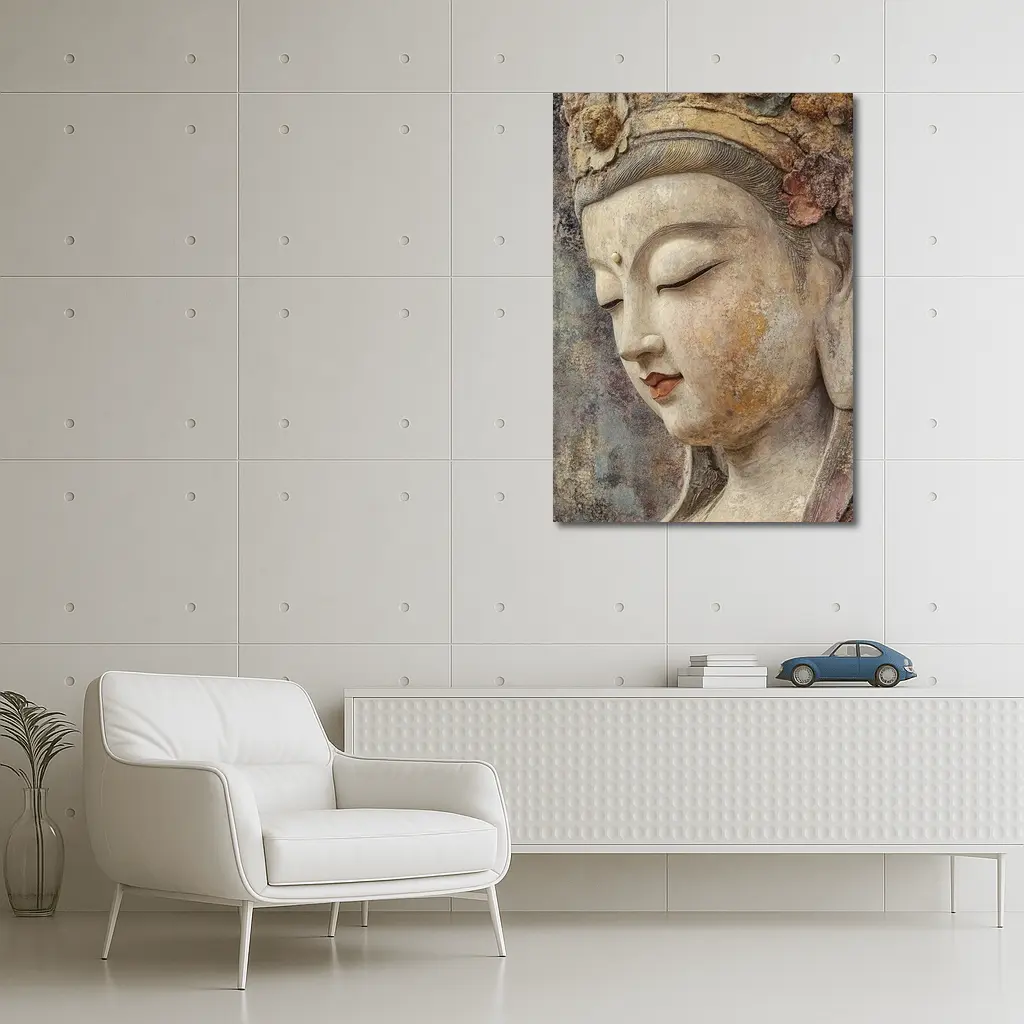 Ancient Guanyin Bodhisattva Statue Textured Stone – Wall Art