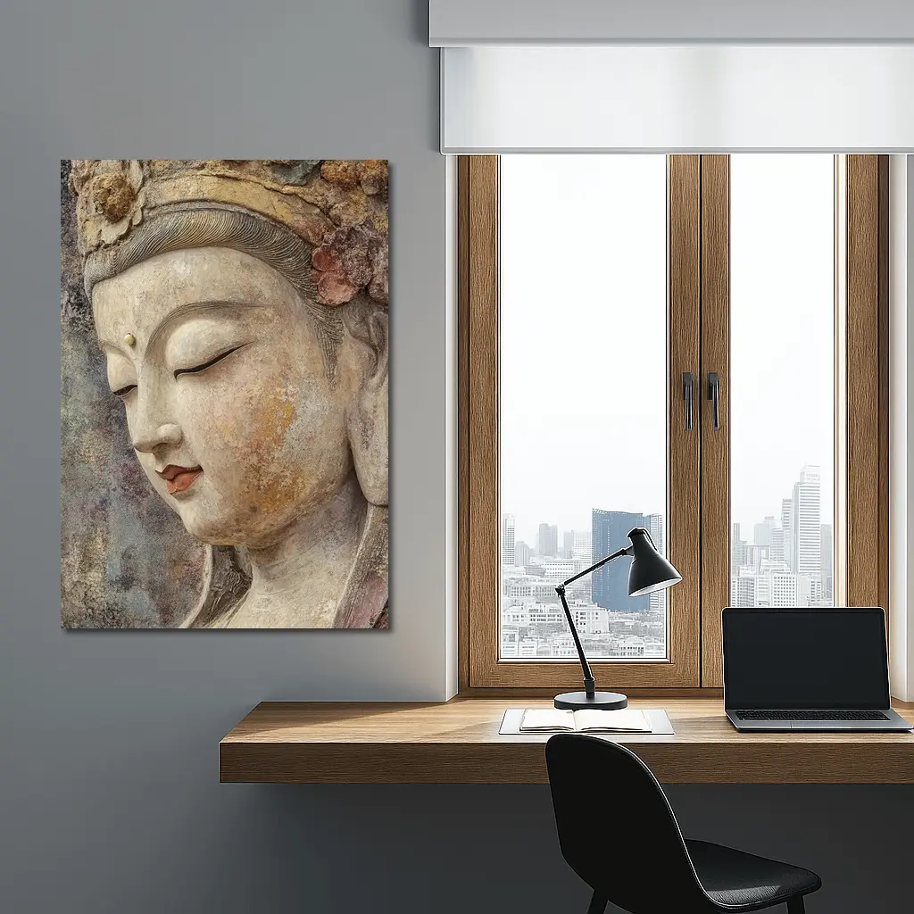 Ancient Guanyin Bodhisattva Statue Textured Stone – Wall Art