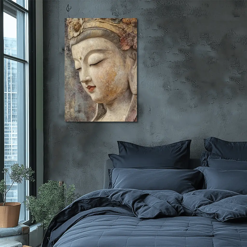 Ancient Guanyin Bodhisattva Statue Textured Stone – Wall Art