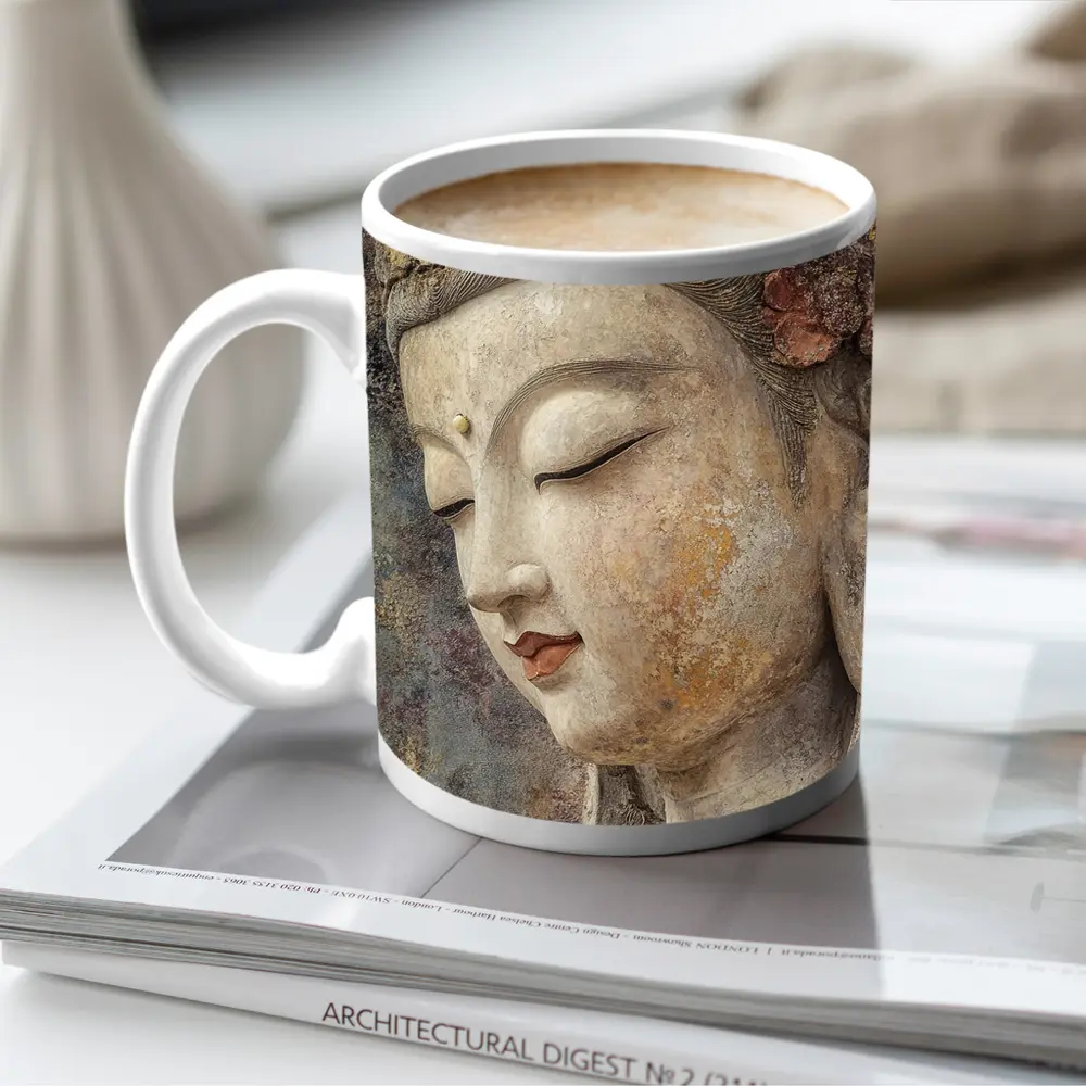 Ancient Guanyin Bodhisattva Statue Textured Stone – Mugs