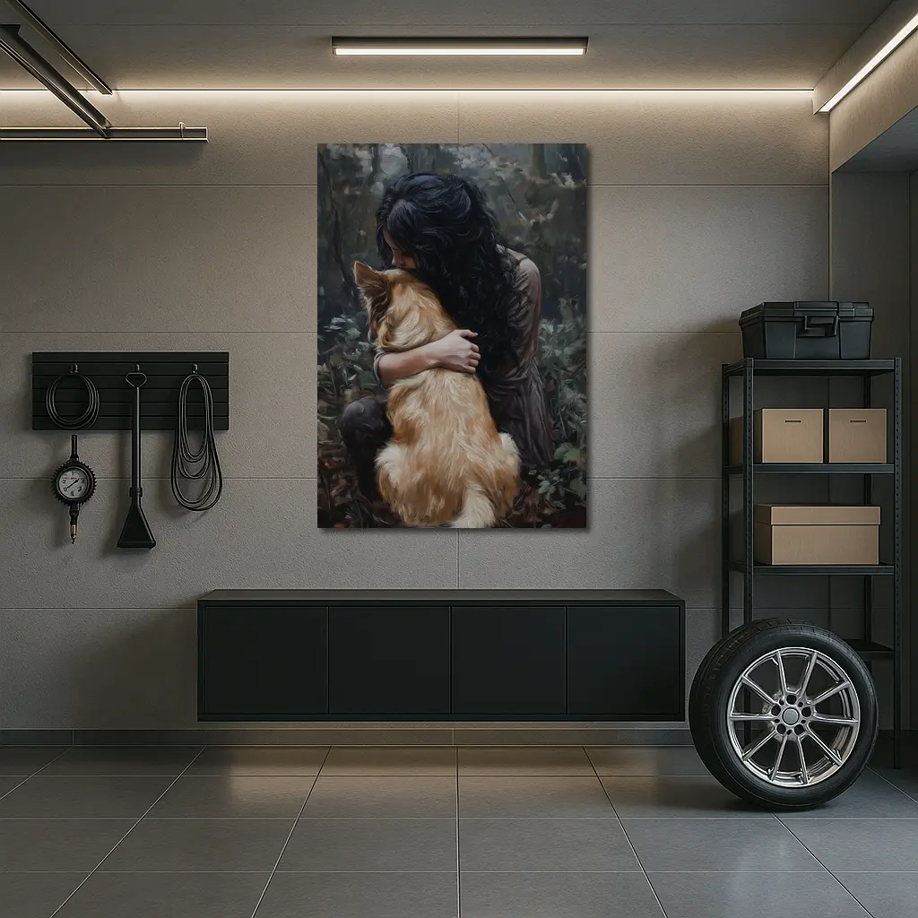 Woman Hugging Golden Dog Forest Painting – Wall Art