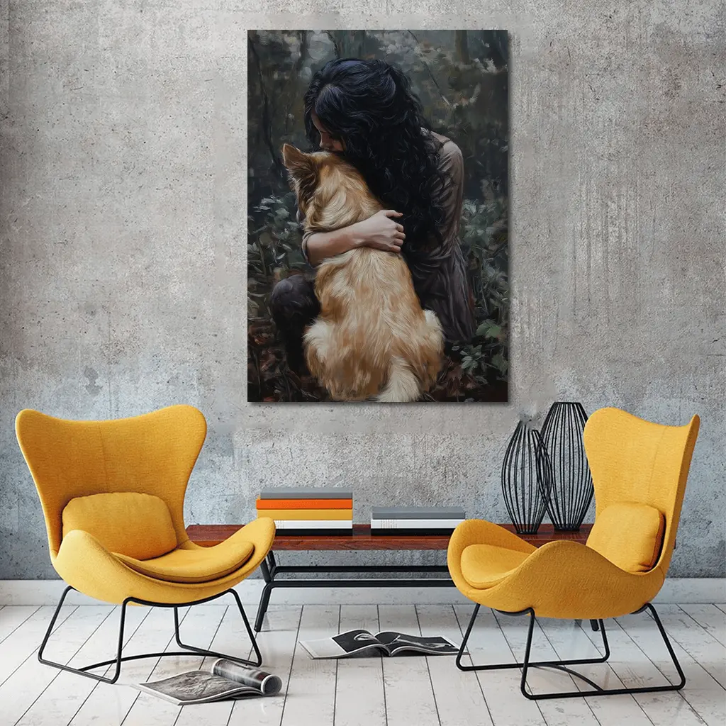 Woman Hugging Golden Dog Forest Painting – Wall Art