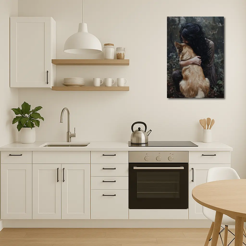 Woman Hugging Golden Dog Forest Painting – Wall Art