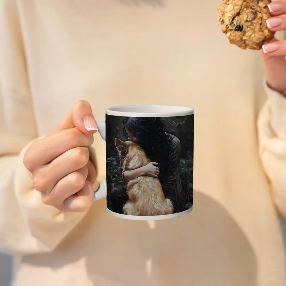Woman Hugging Golden Dog Forest Painting – Mugs