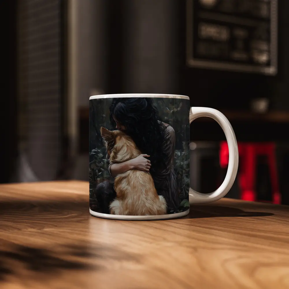 Woman Hugging Golden Dog Forest Painting – Mugs