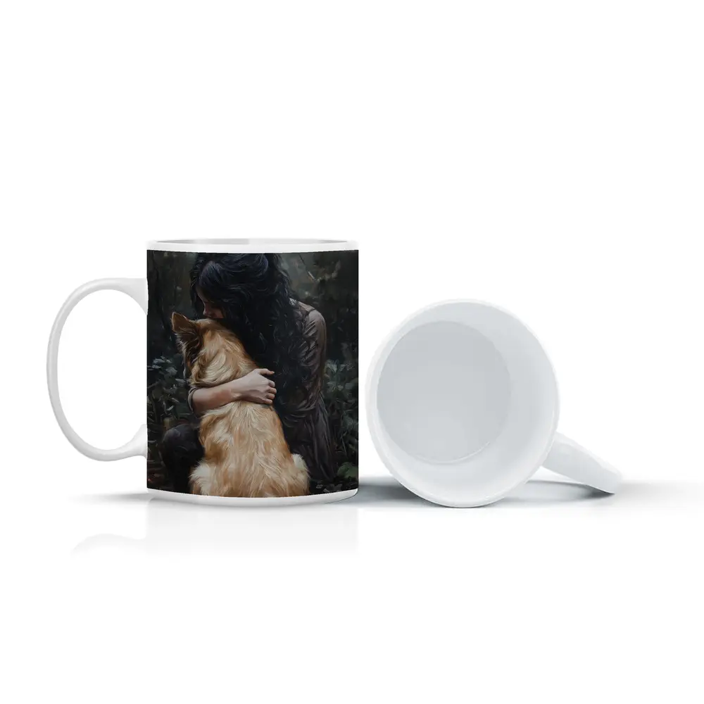 Woman Hugging Golden Dog Forest Painting – Mugs
