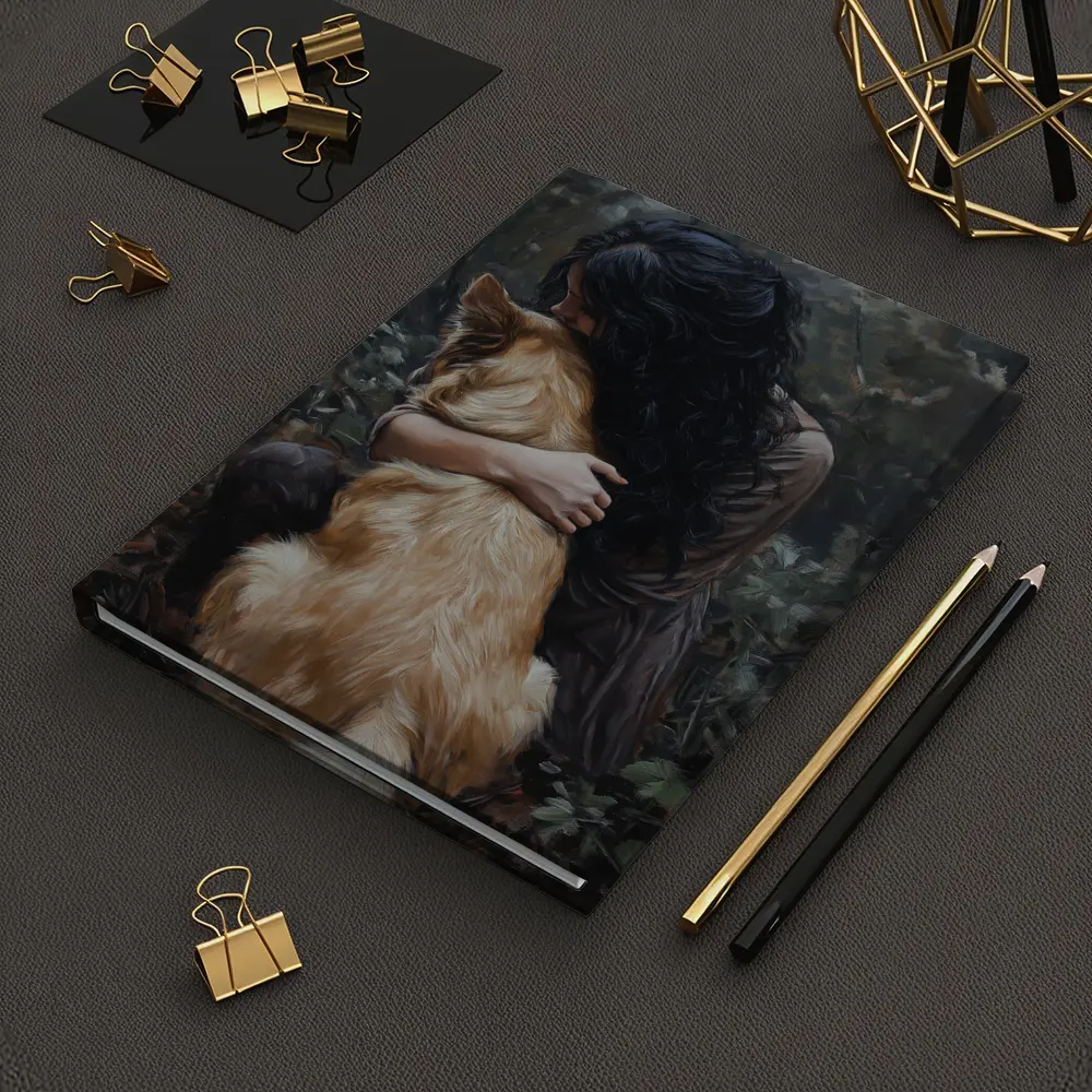 Woman Hugging Golden Dog Forest Painting – Notebooks