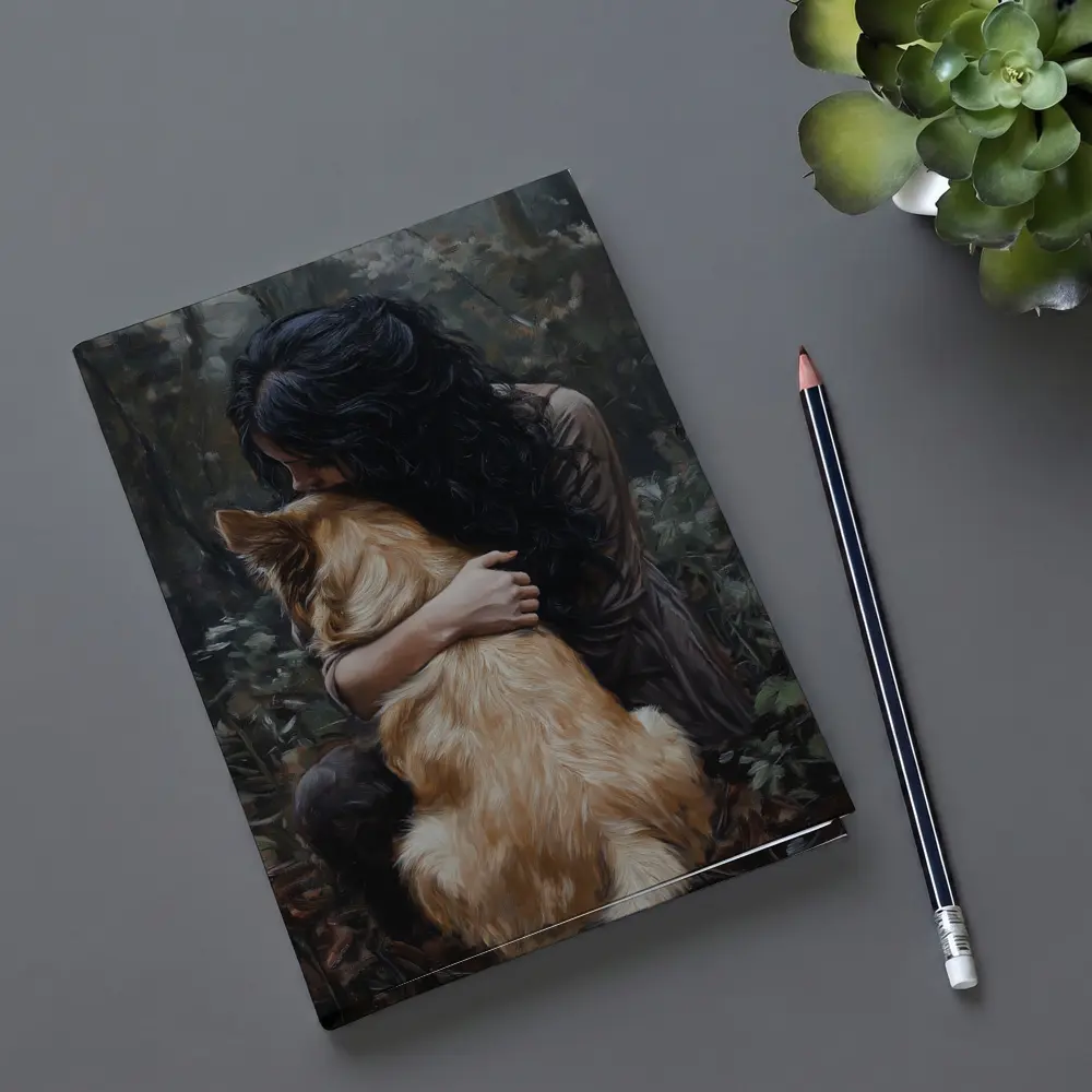 Woman Hugging Golden Dog Forest Painting – Notebooks