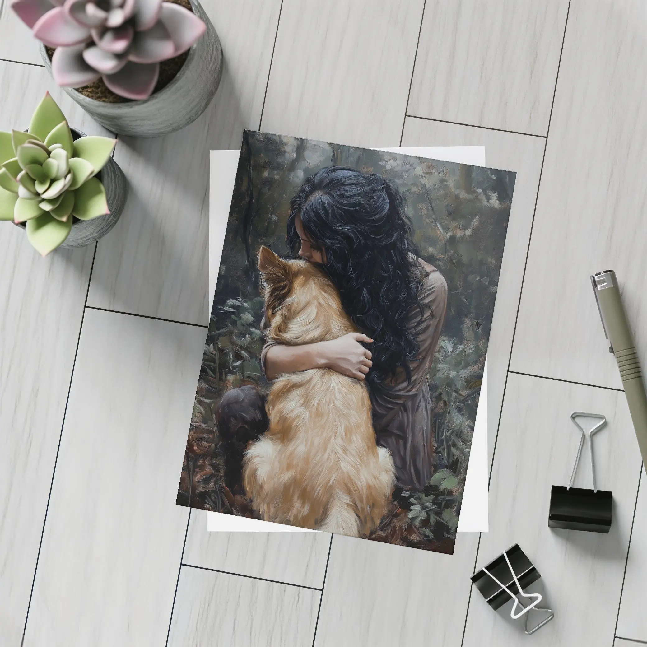 Woman Hugging Golden Dog Forest Painting – Postcards
