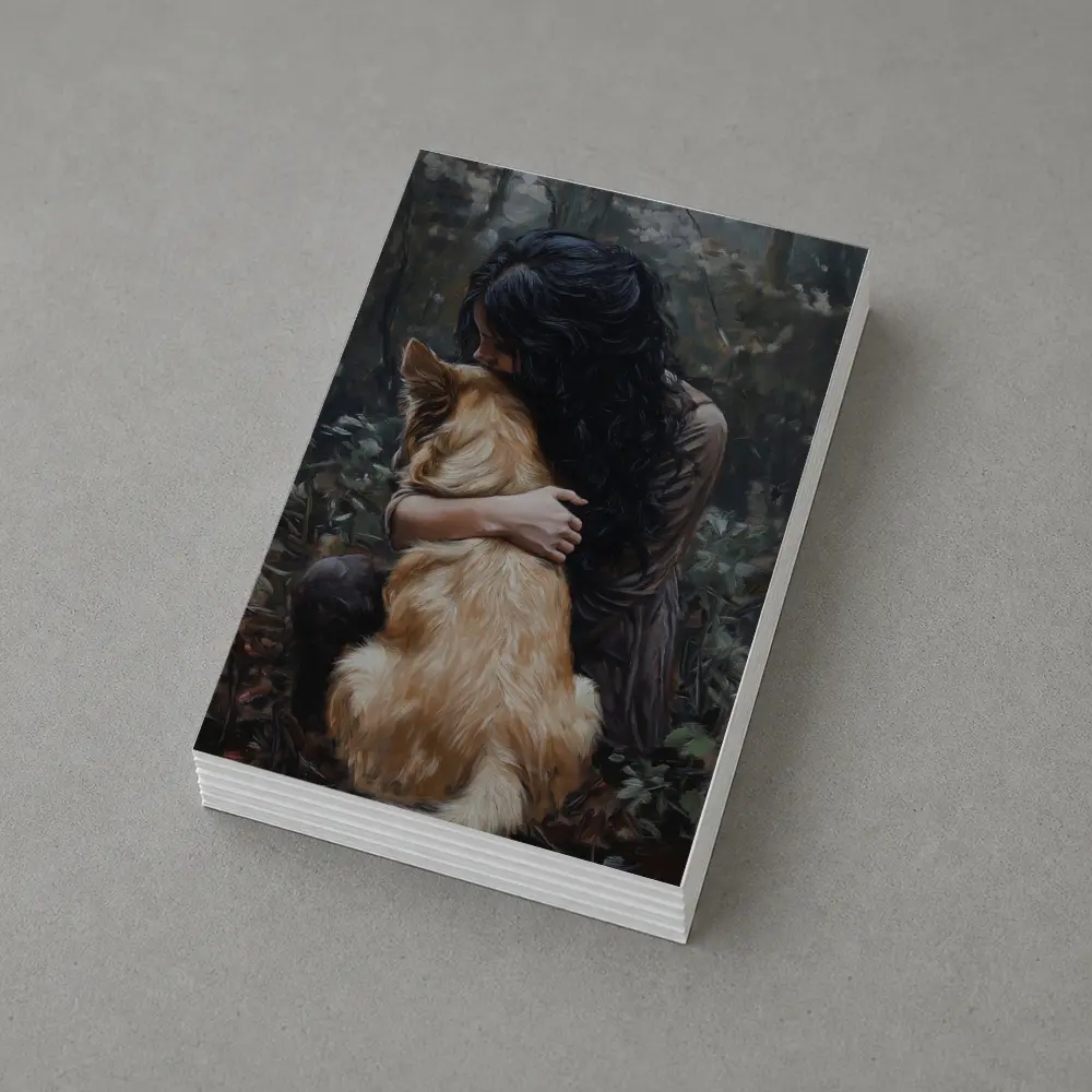 Woman Hugging Golden Dog Forest Painting – Postcards