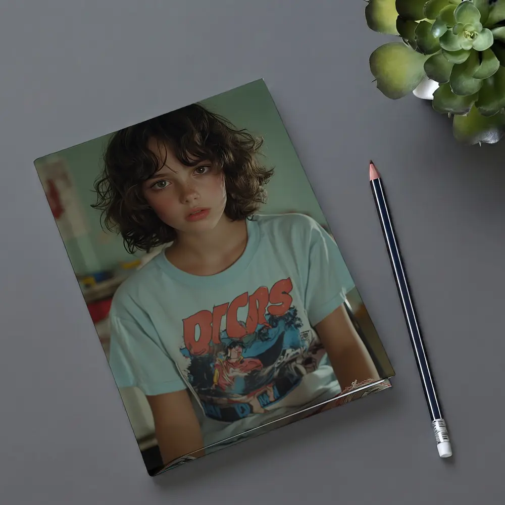 Young Girl Wearing Graphic Tee Classroom – Notebooks